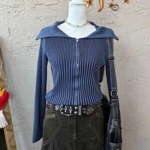 Cider‎ Zip Up Knit Sweater Top Collared Ribbed Long Sleeve Blue
